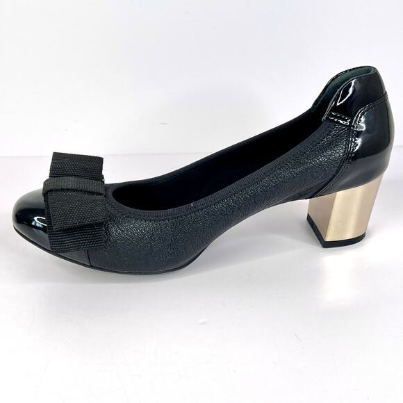 Hogan Size 5 Leather Pump Gold Tone Metallic Block Heel, Fabric Bow Metal Edges - Picture 2 of 15